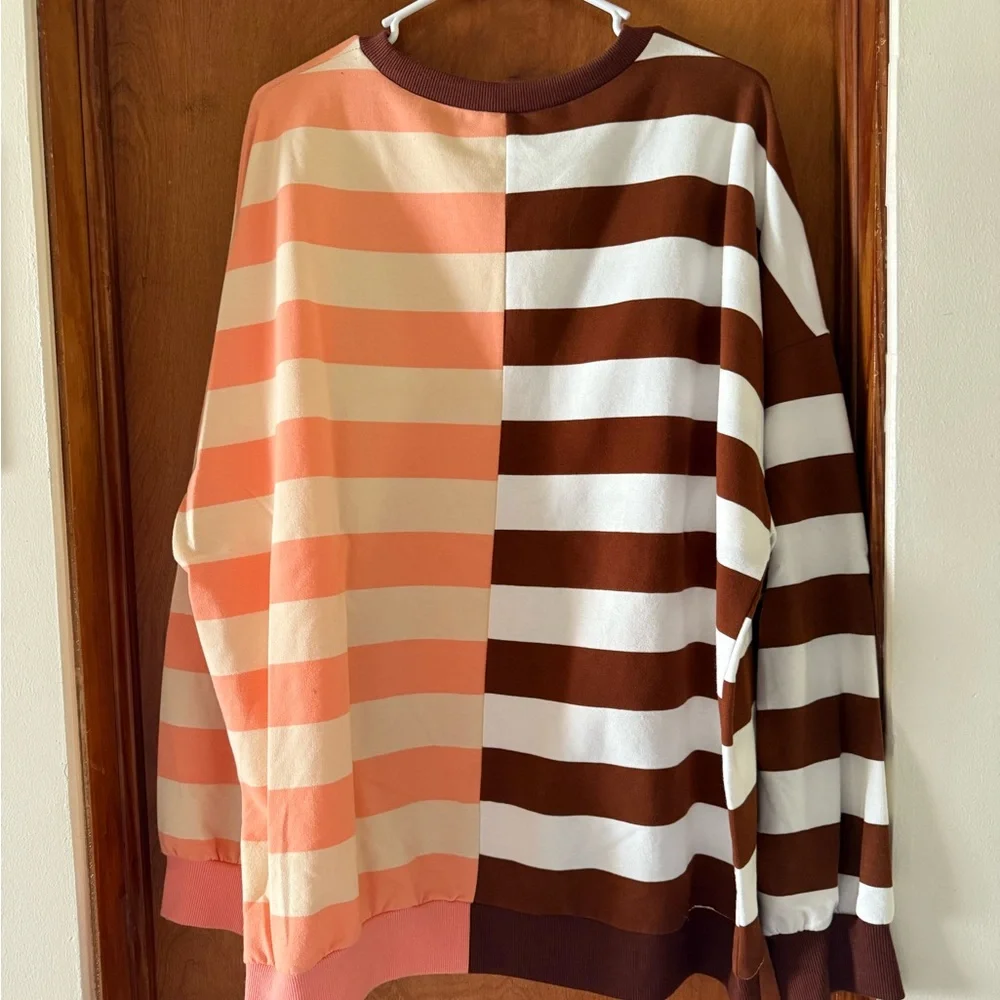 NWOT Zenana Outfitters Brown and Peach Striped Sweatshirt - Picture 2 of 5